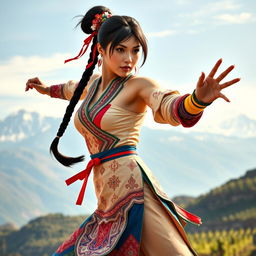 Chun Li reimagined as a Chilean character, wearing attire with a fusion of traditional Chilean elements and her iconic outfit