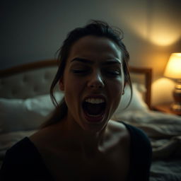 A woman with an expressive face in a bedroom setting, capturing intense emotion and passion during a private moment