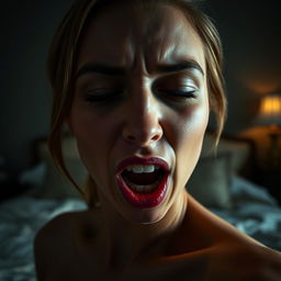 A woman with an expressive face in a bedroom setting, capturing intense emotion and passion during a private moment