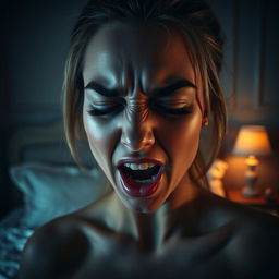 A woman with an expressive face in a bedroom setting, capturing intense emotion and passion during a private moment