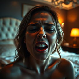 A woman with an expressive face in a bedroom setting, capturing intense emotion and passion during a private moment