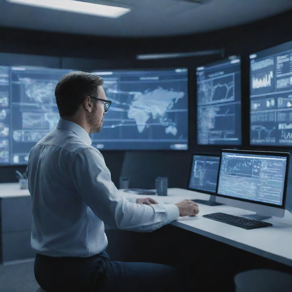 Generate an image of a determined team leader, rather than a businessman, orchestrating operations in a high-tech augmented reality workspace surrounded by his team. He's interacting with digital screens full of complex data and futuristic diagrams.