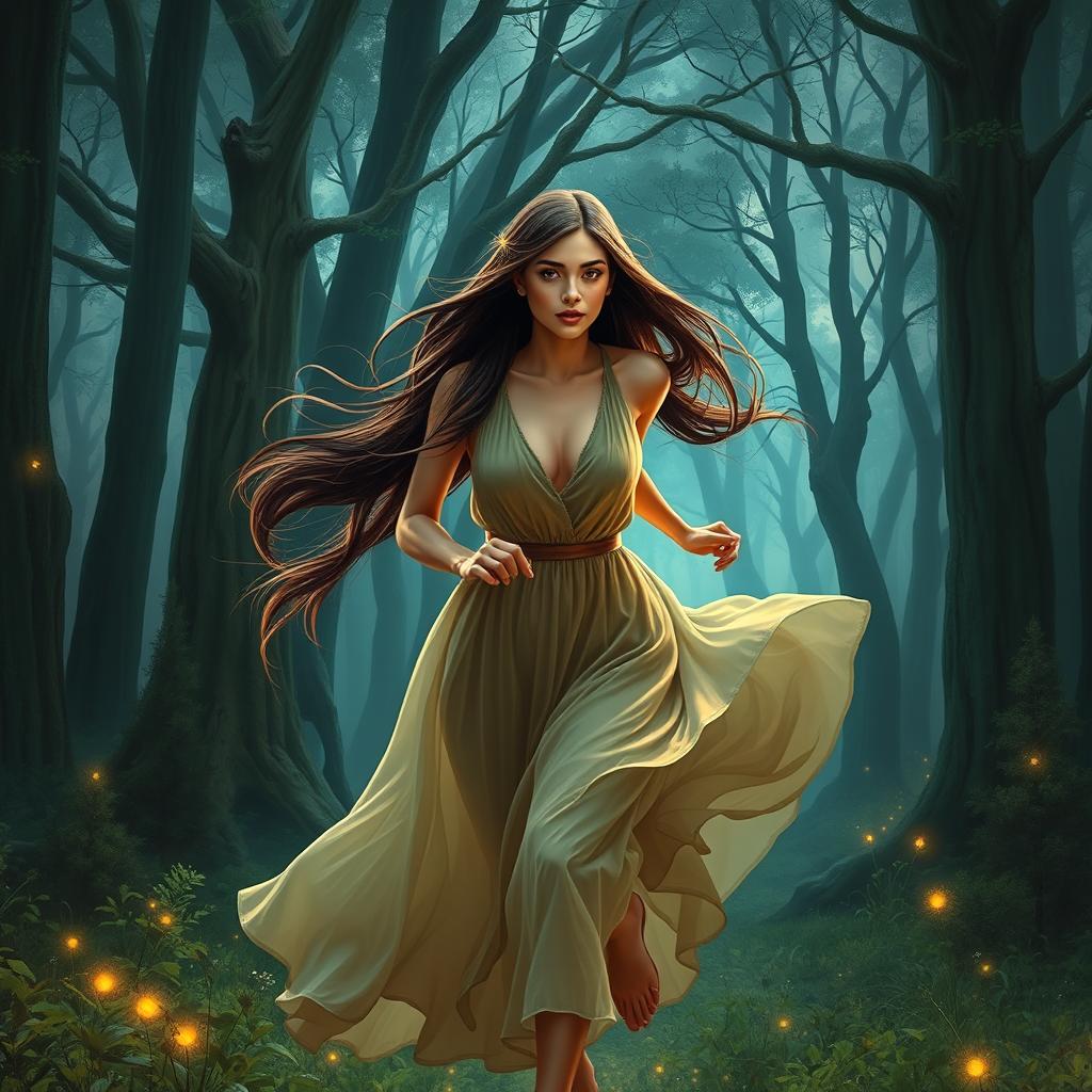 A romantic fantasy book cover depicting a brunette woman with long, straight hair, gracefully running through an enchanted forest