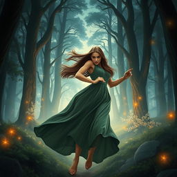 A romantic fantasy book cover depicting a brunette woman with long, straight hair, gracefully running through an enchanted forest