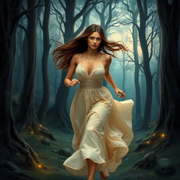 A romantic fantasy book cover depicting a brunette woman with long, straight hair, gracefully running through an enchanted forest