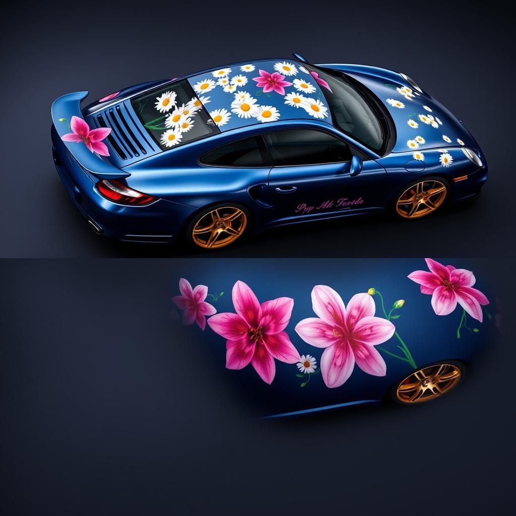 A stunning Porsche 997 Turbo in Midnight Blue Metallic, featuring an intricate wrap with daisies and big pink lilies as decorative motifs on the roof and the sides, creating a vibrant and artistic display on the car's body