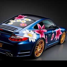 A stunning Porsche 997 Turbo in Midnight Blue Metallic, featuring an intricate wrap with daisies and big pink lilies as decorative motifs on the roof and the sides, creating a vibrant and artistic display on the car's body