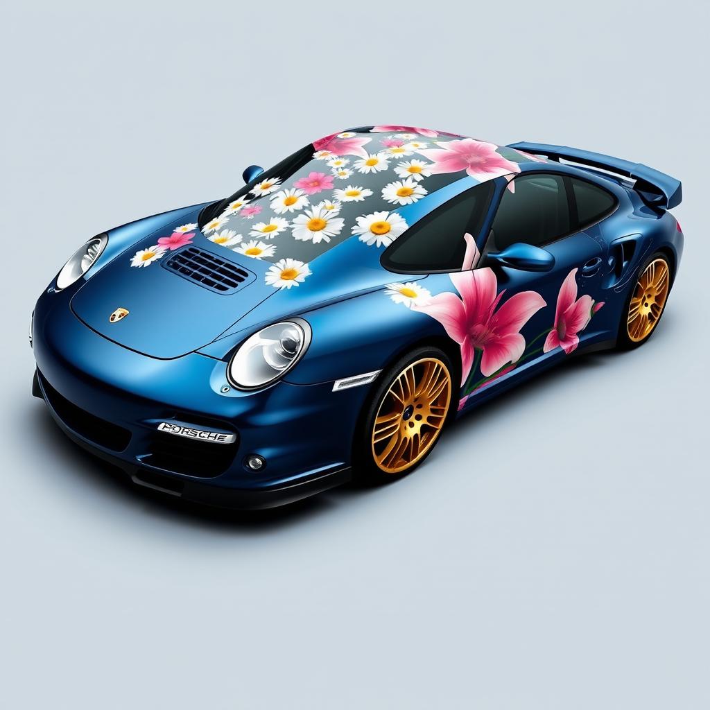 A stunning Porsche 997 Turbo in Midnight Blue Metallic, featuring an intricate wrap with daisies and big pink lilies as decorative motifs on the roof and the sides, creating a vibrant and artistic display on the car's body