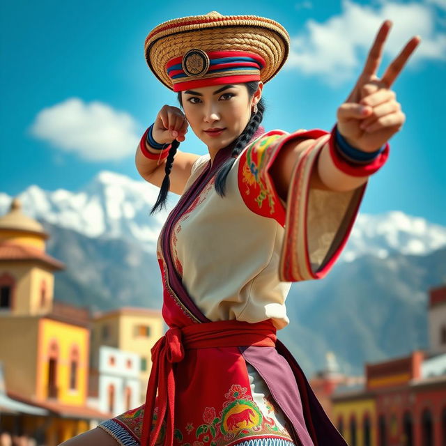 Chun Li dressed in typical Chilean fashion, combining elements of her classic outfit with traditional Chilean attire such as a huaso hat and a poncho adorned with Chilean motifs