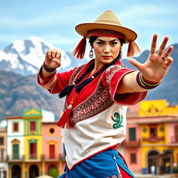 Chun Li dressed in typical Chilean fashion, combining elements of her classic outfit with traditional Chilean attire such as a huaso hat and a poncho adorned with Chilean motifs