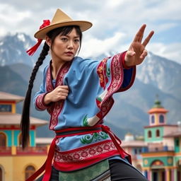 Chun Li dressed in typical Chilean fashion, combining elements of her classic outfit with traditional Chilean attire such as a huaso hat and a poncho adorned with Chilean motifs