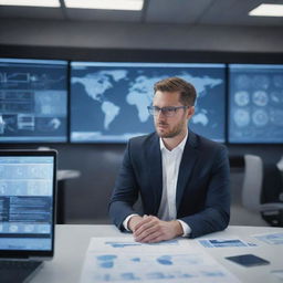 Generate an image of a determined team leader, rather than a businessman, orchestrating operations in a high-tech augmented reality workspace surrounded by his team. He's interacting with digital screens full of complex data and futuristic diagrams.