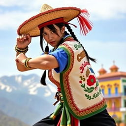 Chun Li dressed in typical Chilean fashion, combining elements of her classic outfit with traditional Chilean attire such as a huaso hat and a poncho adorned with Chilean motifs