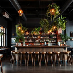 A spacious, rustic restobar interior featuring a prominent bar area