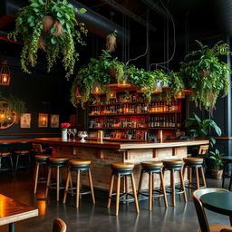 A spacious, rustic restobar interior featuring a prominent bar area