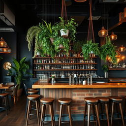 A spacious, rustic restobar interior featuring a prominent bar area