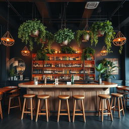 A spacious, rustic restobar interior featuring a prominent bar area