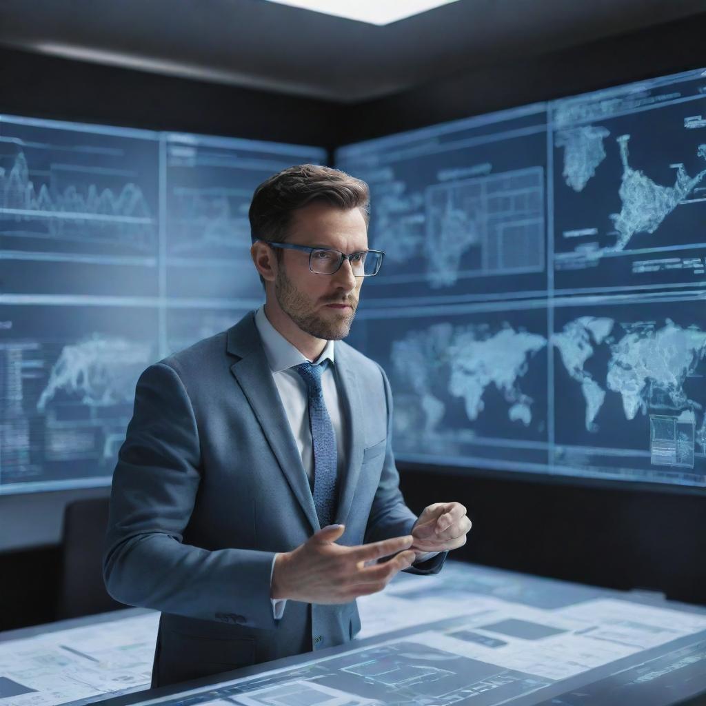 Generate an image of a determined team leader, rather than a businessman, orchestrating operations in a high-tech augmented reality workspace surrounded by his team. He's interacting with digital screens full of complex data and futuristic diagrams.