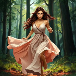 A romantic fantasy book cover depicting a brunette woman with long, straight hair and striking blue eyes, gracefully running through a mystical forest