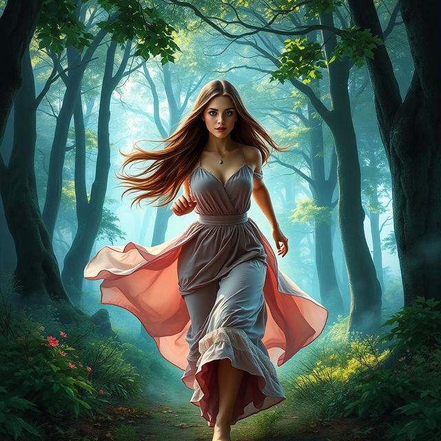 A romantic fantasy book cover depicting a brunette woman with long, straight hair and striking blue eyes, gracefully running through a mystical forest