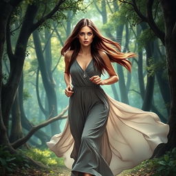 A romantic fantasy book cover depicting a brunette woman with long, straight hair and striking blue eyes, gracefully running through a mystical forest