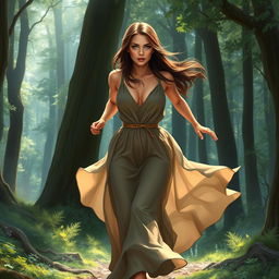 A romantic fantasy book cover depicting a brunette woman with long, straight hair and striking blue eyes, gracefully running through a mystical forest