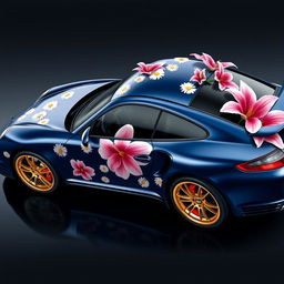 A stunning Porsche 997 Turbo in Midnight Blue Metallic, featuring a wrap with daisies as decorative motifs across the body, while big pink lilies adorn the roof and doors without any daisies in those specific areas