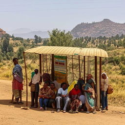 A group of Ethiopian people waiting at a bus stop, set against the backdrop of a rural Ethiopian landscape.