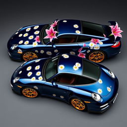 A stunning Porsche 997 Turbo in Midnight Blue Metallic, featuring a wrap with daisies as decorative motifs across the body, while big pink lilies adorn the roof and doors without any daisies in those specific areas