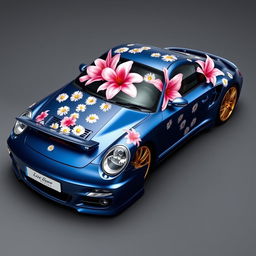 A stunning Porsche 997 Turbo in Midnight Blue Metallic, featuring a wrap with daisies as decorative motifs across the body, while big pink lilies adorn the roof and doors without any daisies in those specific areas