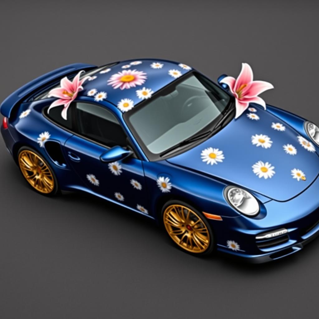 A stunning Porsche 997 Turbo in Midnight Blue Metallic, featuring a wrap with daisies as decorative motifs across the body, while big pink lilies adorn the roof and doors without any daisies in those specific areas