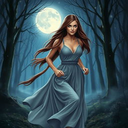 A romantic fantasy book cover featuring a brunette woman with long, straight hair and vivid blue eyes, running through a mystical forest at night