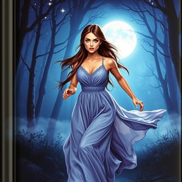 A romantic fantasy book cover featuring a brunette woman with long, straight hair and vivid blue eyes, running through a mystical forest at night