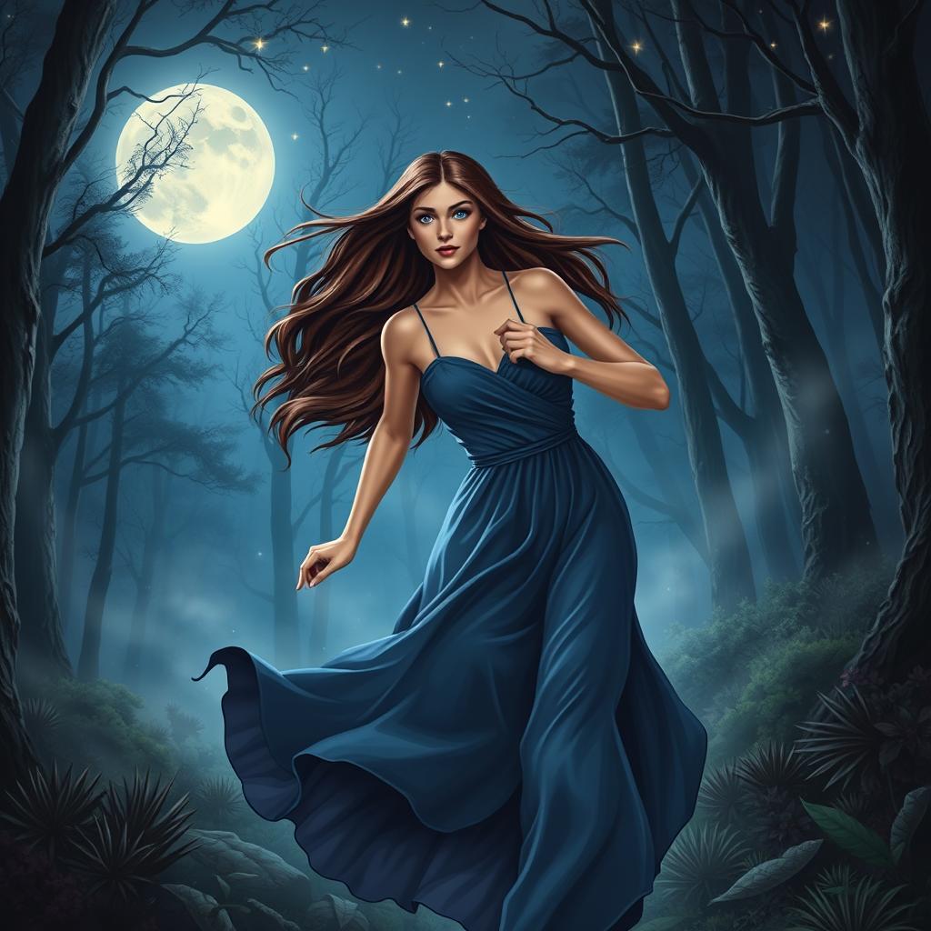 A romantic fantasy book cover featuring a brunette woman with long, straight hair and vivid blue eyes, running through a mystical forest at night