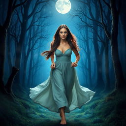 A romantic fantasy book cover featuring a brunette woman with long, straight hair and vivid blue eyes, running through a mystical forest at night