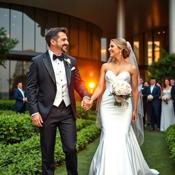 a romantic wedding scene featuring a confident and successful CEO dressed in an elegant tuxedo, standing hand-in-hand with a beautiful bride in a gorgeous white gown, against a backdrop of a luxurious modern building with glass windows reflecting the setting sun