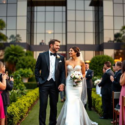 a romantic wedding scene featuring a confident and successful CEO dressed in an elegant tuxedo, standing hand-in-hand with a beautiful bride in a gorgeous white gown, against a backdrop of a luxurious modern building with glass windows reflecting the setting sun