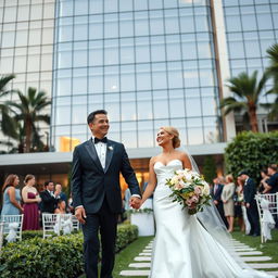 a romantic wedding scene featuring a confident and successful CEO dressed in an elegant tuxedo, standing hand-in-hand with a beautiful bride in a gorgeous white gown, against a backdrop of a luxurious modern building with glass windows reflecting the setting sun