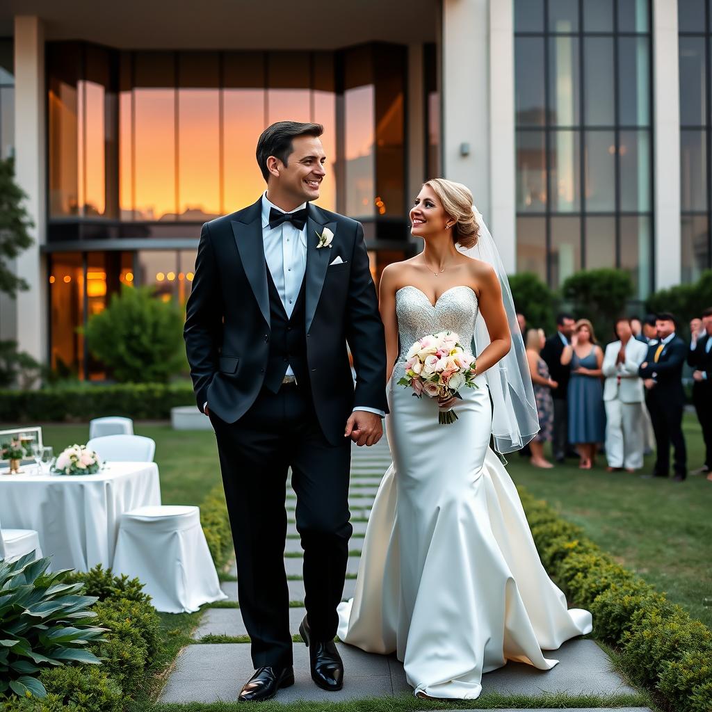 a romantic wedding scene featuring a confident and successful CEO dressed in an elegant tuxedo, standing hand-in-hand with a beautiful bride in a gorgeous white gown, against a backdrop of a luxurious modern building with glass windows reflecting the setting sun