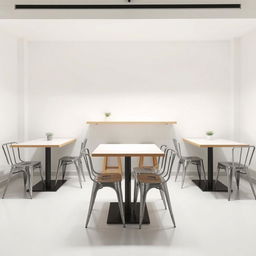 A minimalist restobar interior featuring four simple, economic tables designed with functionality in mind