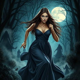 A romantic fantasy book cover featuring a brunette woman with long, straight hair and vivid blue eyes, running through an eerie woodland at night