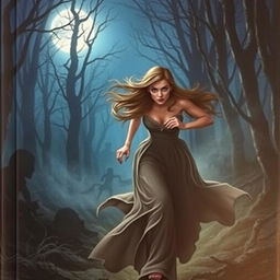 A romantic fantasy book cover featuring a brunette woman with long, straight hair and vivid blue eyes, running through an eerie woodland at night