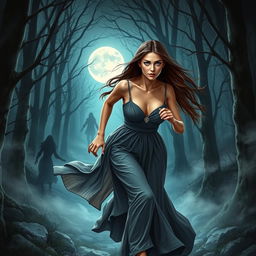 A romantic fantasy book cover featuring a brunette woman with long, straight hair and vivid blue eyes, running through an eerie woodland at night