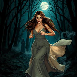 A romantic fantasy book cover featuring a brunette woman with long, straight hair and vivid blue eyes, running through an eerie woodland at night