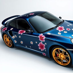 A stunning Porsche 997 Turbo in Midnight Blue Dark Metallic, featuring an intricate wrap with daisies and big pink lilies as decorative motifs across its sleek body