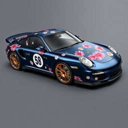 A stunning Porsche 997 Turbo in Midnight Blue Dark Metallic, featuring an intricate wrap with daisies and big pink lilies as decorative motifs across its sleek body