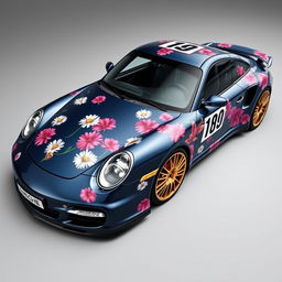 A stunning Porsche 997 Turbo in Midnight Blue Dark Metallic, featuring an intricate wrap with daisies and big pink lilies as decorative motifs across its sleek body