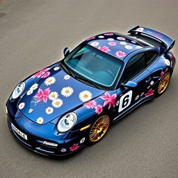 A stunning Porsche 997 Turbo in Midnight Blue Dark Metallic, featuring an intricate wrap with daisies and big pink lilies as decorative motifs across its sleek body