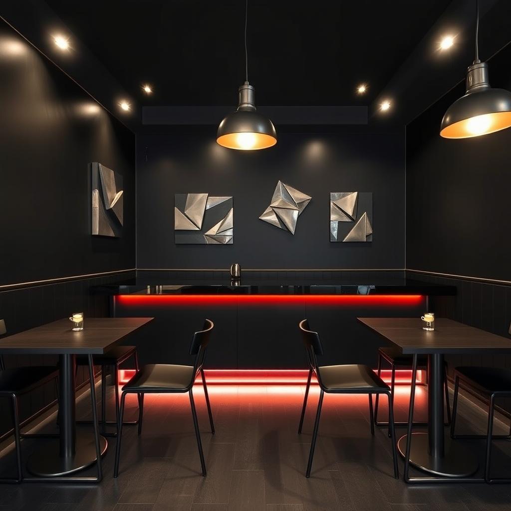 A sleek and modern restobar featuring bold black walls that create a striking and contemporary atmosphere