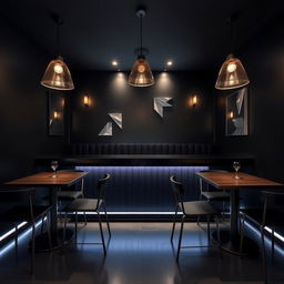 A sleek and modern restobar featuring bold black walls that create a striking and contemporary atmosphere